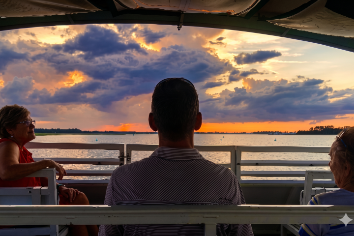 People on a boat watching a colorful sunset over a lake.