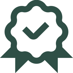 Dark green checkmark badge icon on a white background.
